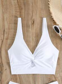 Women's Fashion Solid Color Twist Front Bikini Top Summer - White - View 5