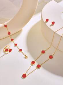 Set de 5 piezas de aretes, pulsera, collar y anillo con diseño floral de trébol de cuatro hojas, chapado en oro de 18K, estilo sencillo y elegante: El mejor regalo de cumpleaños para madres, hijas y amigas, adecuado para cumpleaños de mujeres, fiestas y todas las ocasiones
