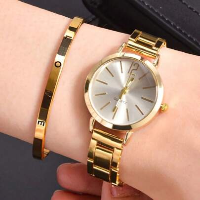 2pcs Luxury Gold Set Women's Watch Ladies Bracelet    Stainless Steel LOVE Bracelet Gifts For Women