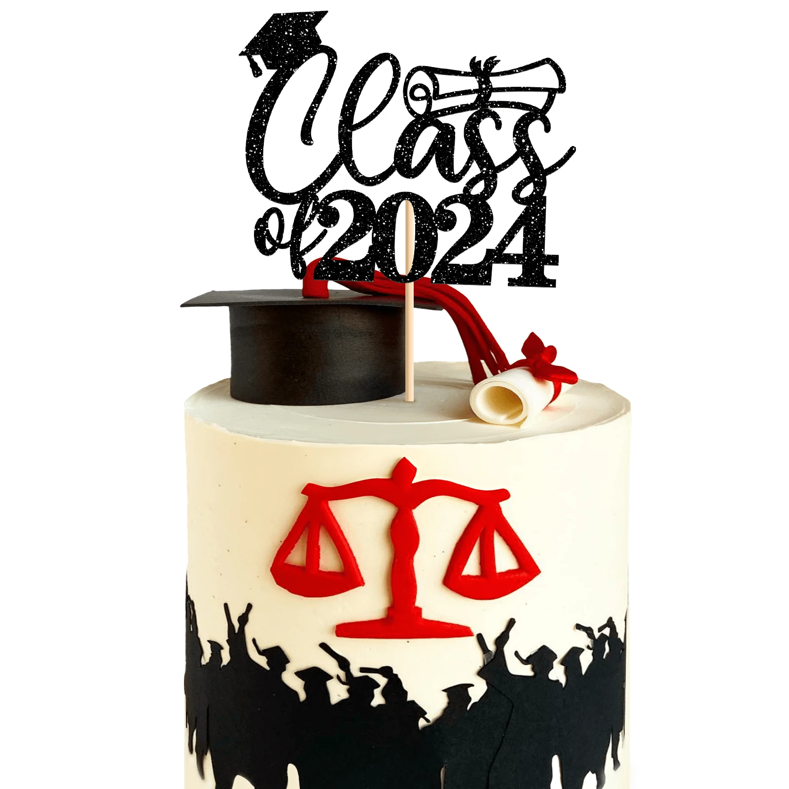 Tortenaufsatz 'Class Of 2024' In Schwarz/Rot Mit Glitzer – Kuchendekoration Für Abschlussfeiern