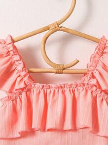 Young Girl Off-Shoulder Tank Top And Wide Leg Pants Set, Summer Casual Fashion Outfits - Pink - View 2