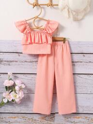 Young Girl Off-Shoulder Tank Top And Wide Leg Pants Set, Summer Casual Fashion Outfits