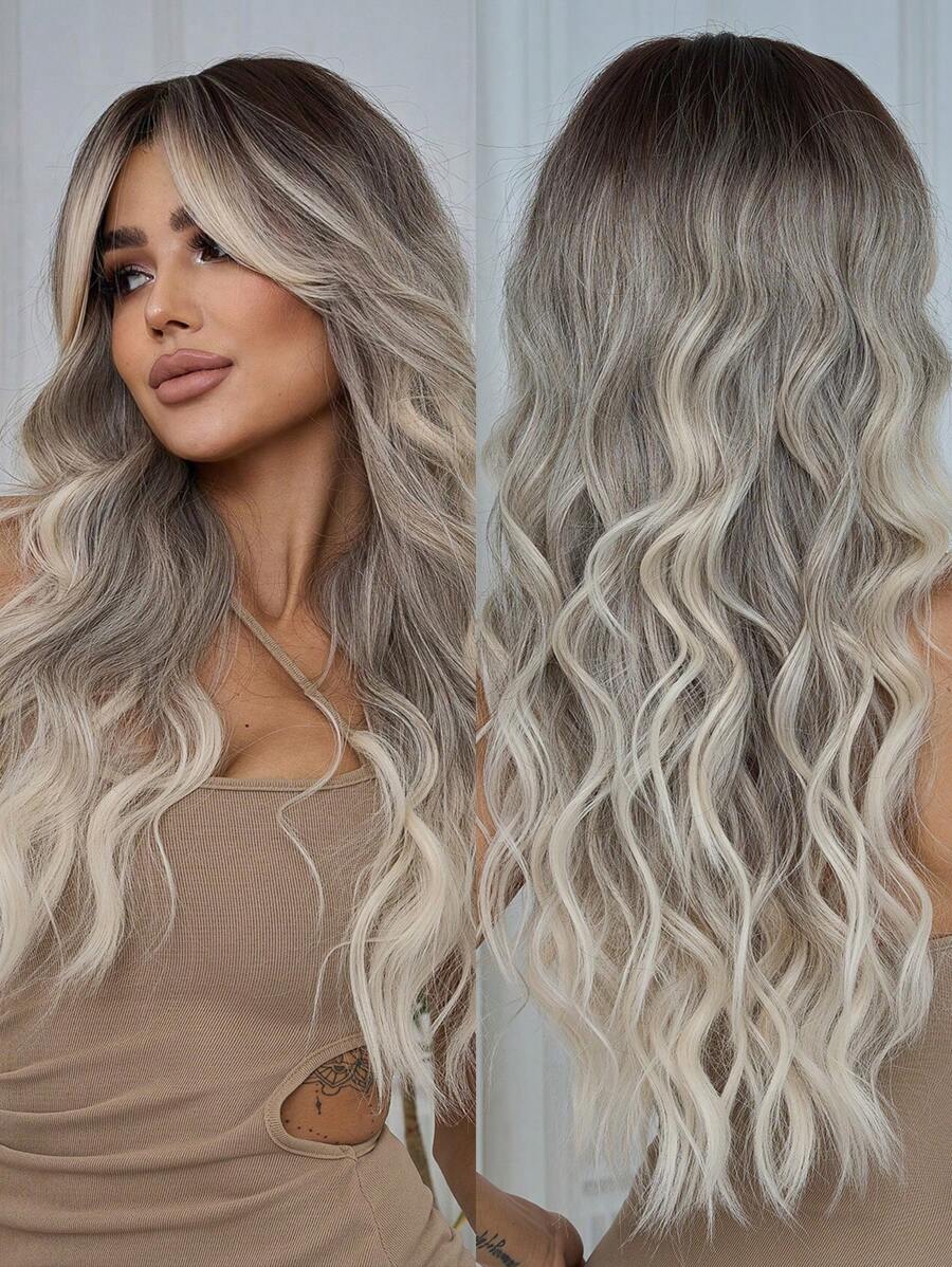 26英寸波浪蝴蝶发型假发，带刘海，女士/女孩合成纤维假发