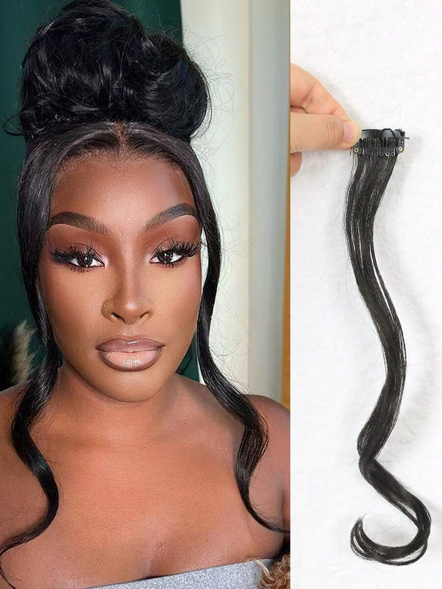 1 pieza de flequillo largo y rizado con clips y flequillo falso de extensión de cabello de dos lados delanteros, sintético y natural, con partición central para mujeres - Negro - Ver 1