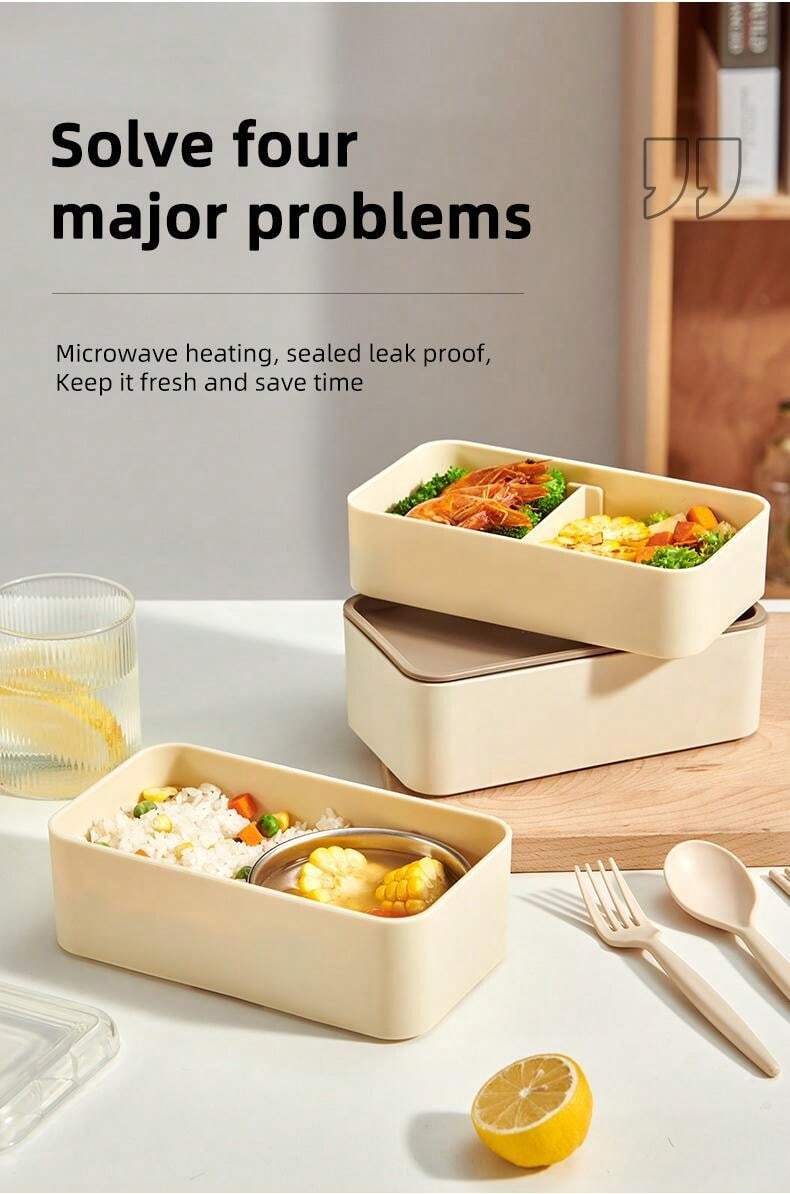 1pc Plastic Square Double Layer Lunch Box With Utensils & Lunch Bag ...