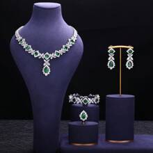 Mới 4 Món Phù Hợp Với Đá Cubic Zirconia Cô Dâu Bộ Trang Sức Dự Tiệc Nữ, Cao Cấp Dubai Pha Lê Cưới Bộ Trang Sức - màu xanh lá - Xem 1
