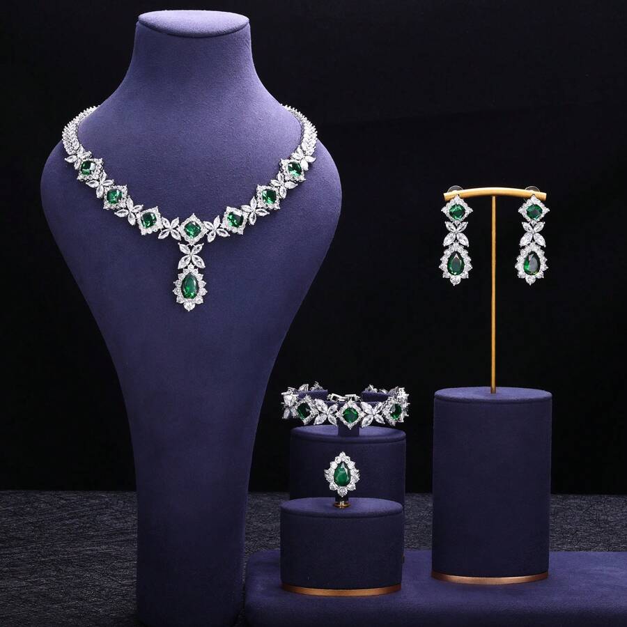 Mới 4 Món Phù Hợp Với Đá Cubic Zirconia Cô Dâu Bộ Trang Sức Dự Tiệc Nữ, Cao Cấp Dubai Pha Lê Cưới Bộ Trang Sức - màu xanh lá - Xem 1