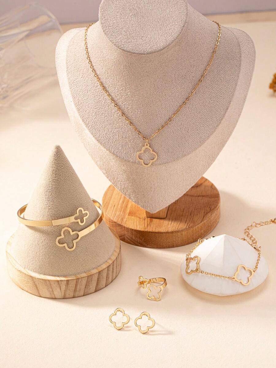 1 套女士几何魅力幸运四叶草项链、手链、戒指、耳环、手镯首饰套装情人节