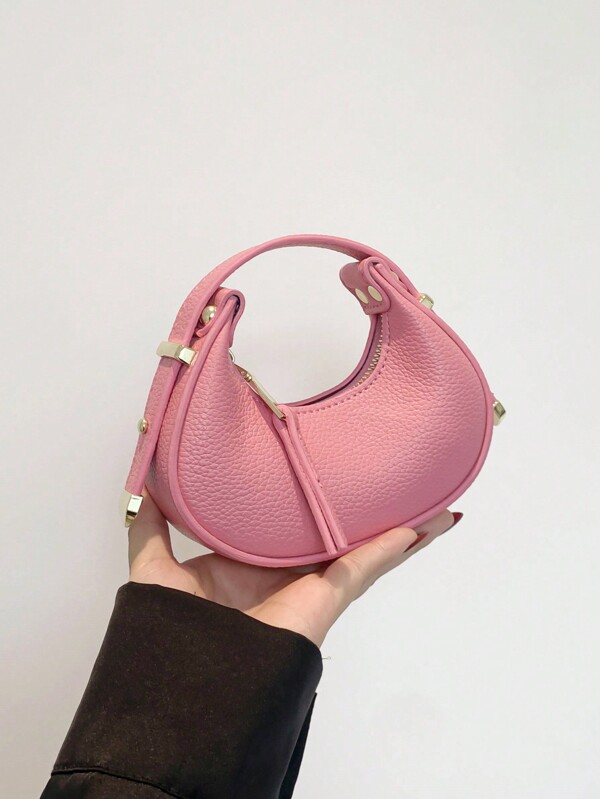 1pc Lychee Pattern PU Leather Solid Color Mini Shoulder Bag For Women, Fashionable And Cute Crescent Moon-Shaped Bag For Parties, Dates And Matches All Outfits