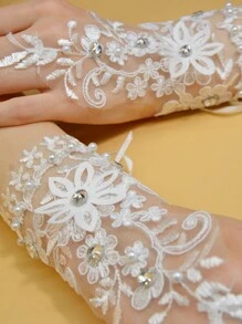 1 双新款新娘蕾丝婚纱手套，带水钻，短款渔网手套无指，适用于婚纱摄影工作室情人节秋季配饰 - 白色 - 查看 3