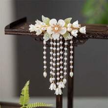 1pc Elegant Retro Style Lily & Tassel Decor Women's Hair Clip, Suitable For Hanfu & Qipao, With Flexible Spring