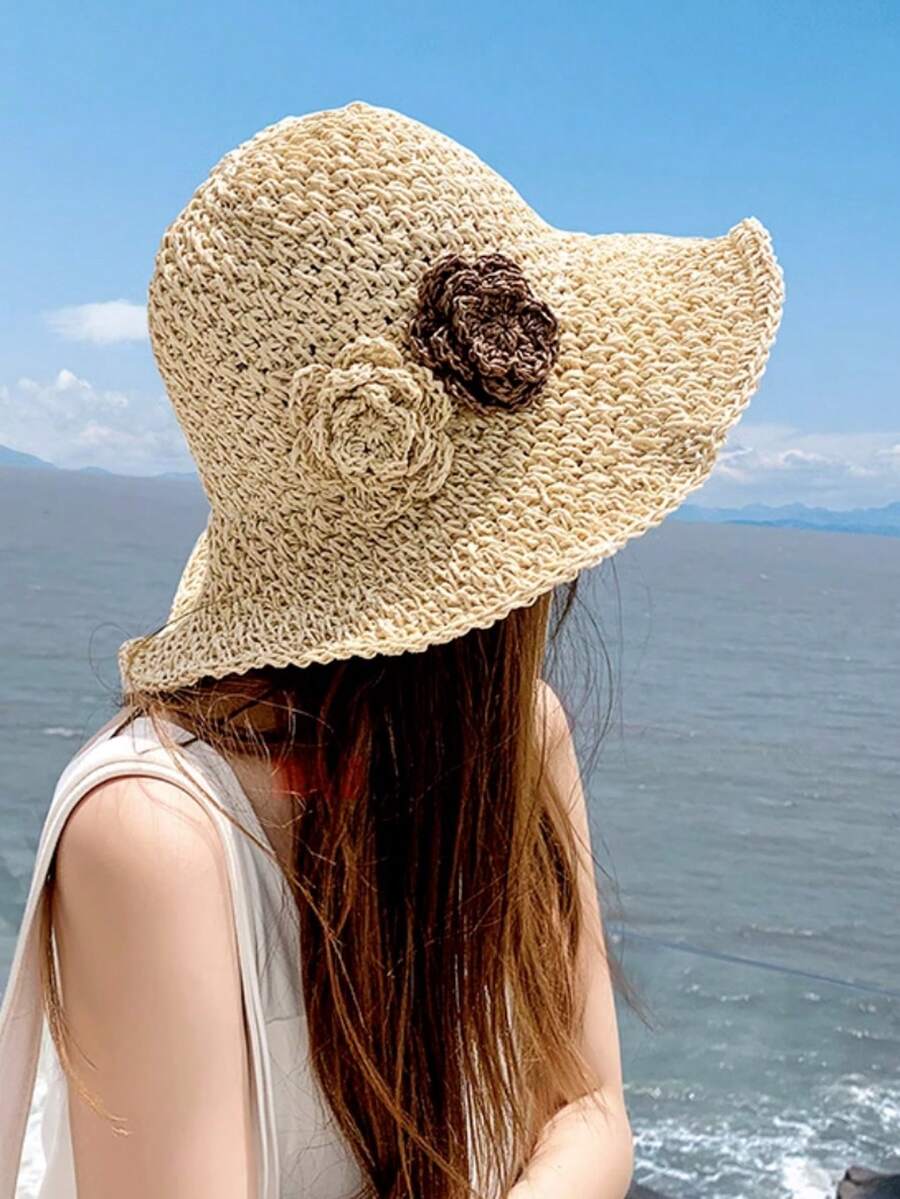1個女士夏季花卉寬邊沙灘帽，可折疊且具防曬功能 - 花朵米色 - 查看 1