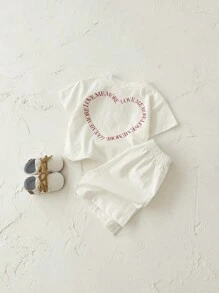 2pcs Baby Girls' Sweet Heart Printed Short Sleeve T-Shirt And Shorts Set, Summer