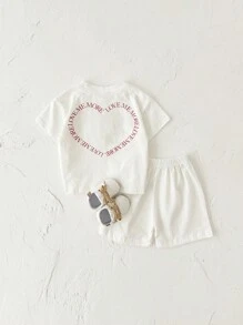 2pcs Baby Girls' Sweet Heart Printed Short Sleeve T-Shirt And Shorts Set, Summer