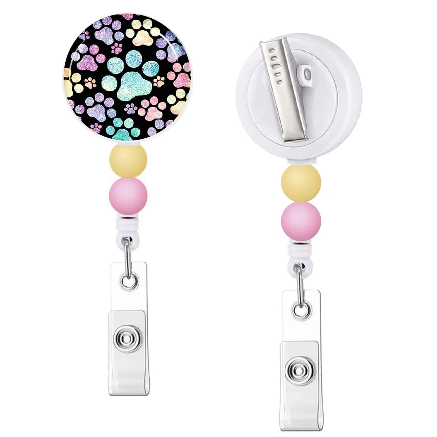 かわいい パウプリントリトラクタブルバッジリール、IDカードホルダー、ビーズ付きストラップキーホルダー、看護師、医者、オフィスワーカー、教師