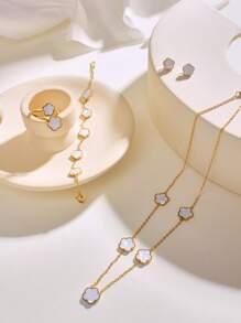 Set de 5 piezas de aretes, pulsera, collar y anillo con diseño floral de trébol de cuatro hojas, chapado en oro de 18K, estilo sencillo y elegante: El mejor regalo de cumpleaños para madres, hijas y amigas, adecuado para cumpleaños de mujeres, fiestas y todas las ocasiones