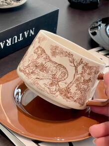 1入組250ml復古豪華瓷咖啡杯和茶碟套裝，手繪老虎拿鐵，精美下午茶杯禮物 - 彩色 - 查看 12