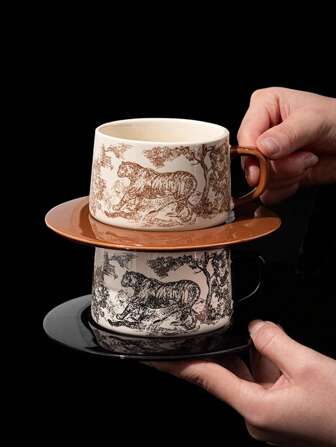 1pc 250ml Vintage Luxury Ceramic Coffee Cup & Saucer Set With Hand-Drawn Tiger Latte Art, Exquisite Tea Cup Gift For Afternoon Tea
