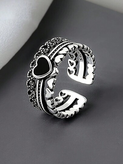 1 Peça Anel de Prata S925 em forma de Coração Preto Retro Punk Hip-Hop Feminino, Vazado e Ajustável