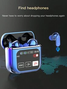 Pancoat 蓝色液晶屏防噪无线耳机，带全彩触摸屏和 ANC，智能屏幕商务耳机 - 藍色 - 查看 5