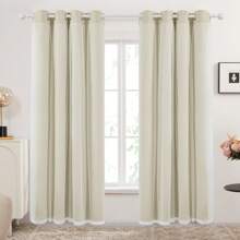 2pcs Sheer Overlay Blackout Curtains, Room Darkening Curtains For Bedroom, Living Room, Grommet Double Layer Thermal Insulated Curtains With Tie Backs - Light Beige - View 3
