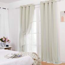 2pcs Sheer Overlay Blackout Curtains, Room Darkening Curtains For Bedroom, Living Room, Grommet Double Layer Thermal Insulated Curtains With Tie Backs - Light Beige - View 6