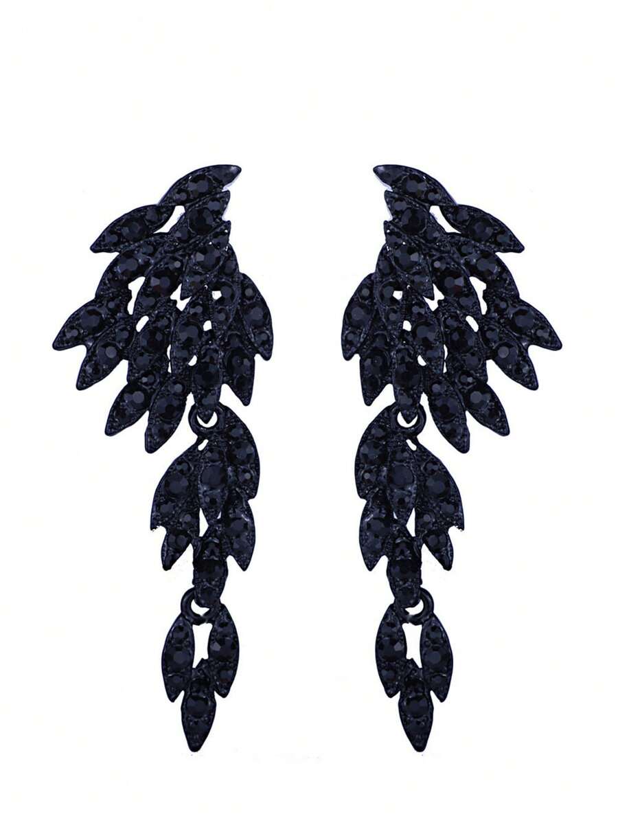 1 Pair Retro Black Rhinestone Angel Wings Design Earrings, Suitable For Women's Wedding, Party Dress Accessories