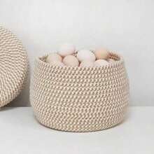 1 个直径 24 厘米绳编带盖收纳篮，可用作鸡蛋篮、化妆品收纳篮、零食收纳篮、办公桌防尘篮 - 卡其色 - 查看 6