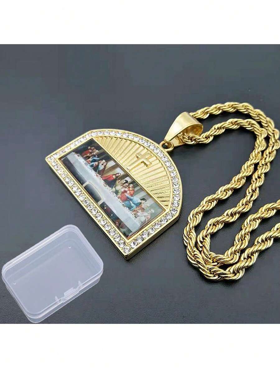 1件新款嘻哈風格不銹鋼鑲鑽最後的晚餐畫像吊墜項鍊，適用於派對、旅行、俱樂部和日常穿著 - 嘻哈鑲鑽The Last Supper油畫吊墜項鍊 - 查看 1