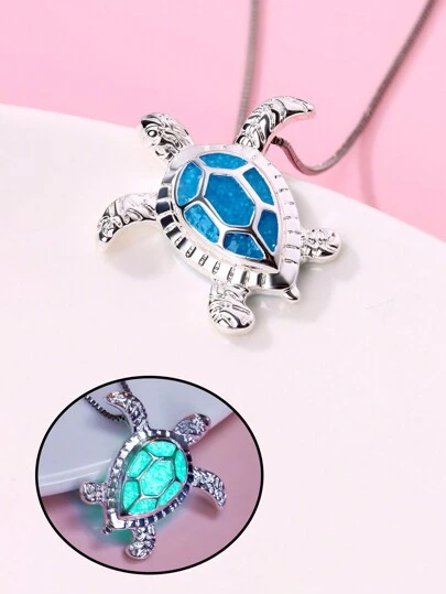 1pc Girls' Cute Turtle Animal Shaped Zinc Alloy Pendant Necklace With Silver Plating And A Glow-In-The-Dark Effect, Suitable For Daily Wear
