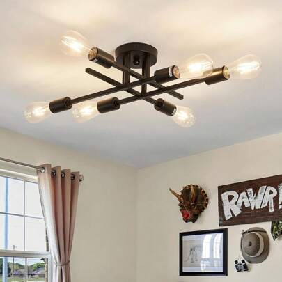 Semi Flush Mount Modern Ceiling Light Fixtures, Black Mid-Century Modern Industrial 4-Light Farmhouse Metal Chandelier Lighting Fixtures For Hallway Bedroom Kitchen Porch Laundry Room