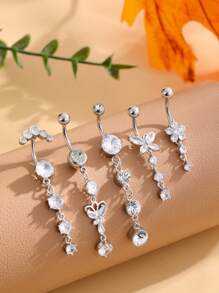 5 Stück Edelstahl gebogene Bauchpiercings mit Schmetterling, Herz- und Blumenförmigen Zirkonia-Anhängern als Piercingschmuck für Frauen, geeignet als Valentinstag-, Mutter-, Muttertags-Geschenk