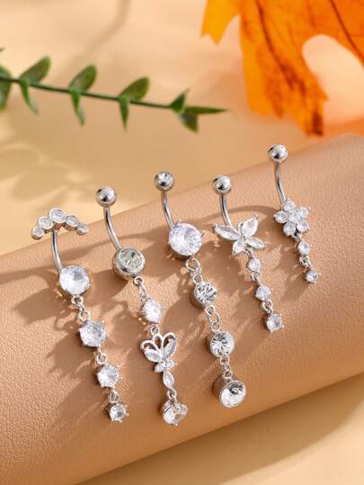 5 件不锈钢弧形杠铃肚脐环套装，带蝴蝶、心形和花朵形锆石吊坠穿孔首饰，适合女性情人节、妈妈、母亲节、礼物