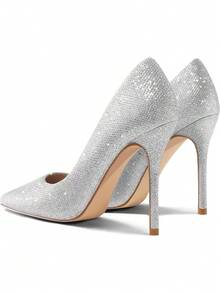 RoseRemy Women's High Heels Pumps Closed Pointed Toe Stiletto 4IN Heels Dress Wedding Shoes - Silver Glitter - 查看 4