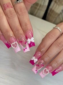 24片情人节亚克力假指甲，中号方形，法式粉色，带3D爱心和蝴蝶结装饰，按压式指甲，粉色樱桃设计，美甲用品，送给女性和女孩的礼物 - 彩色 - 查看 1