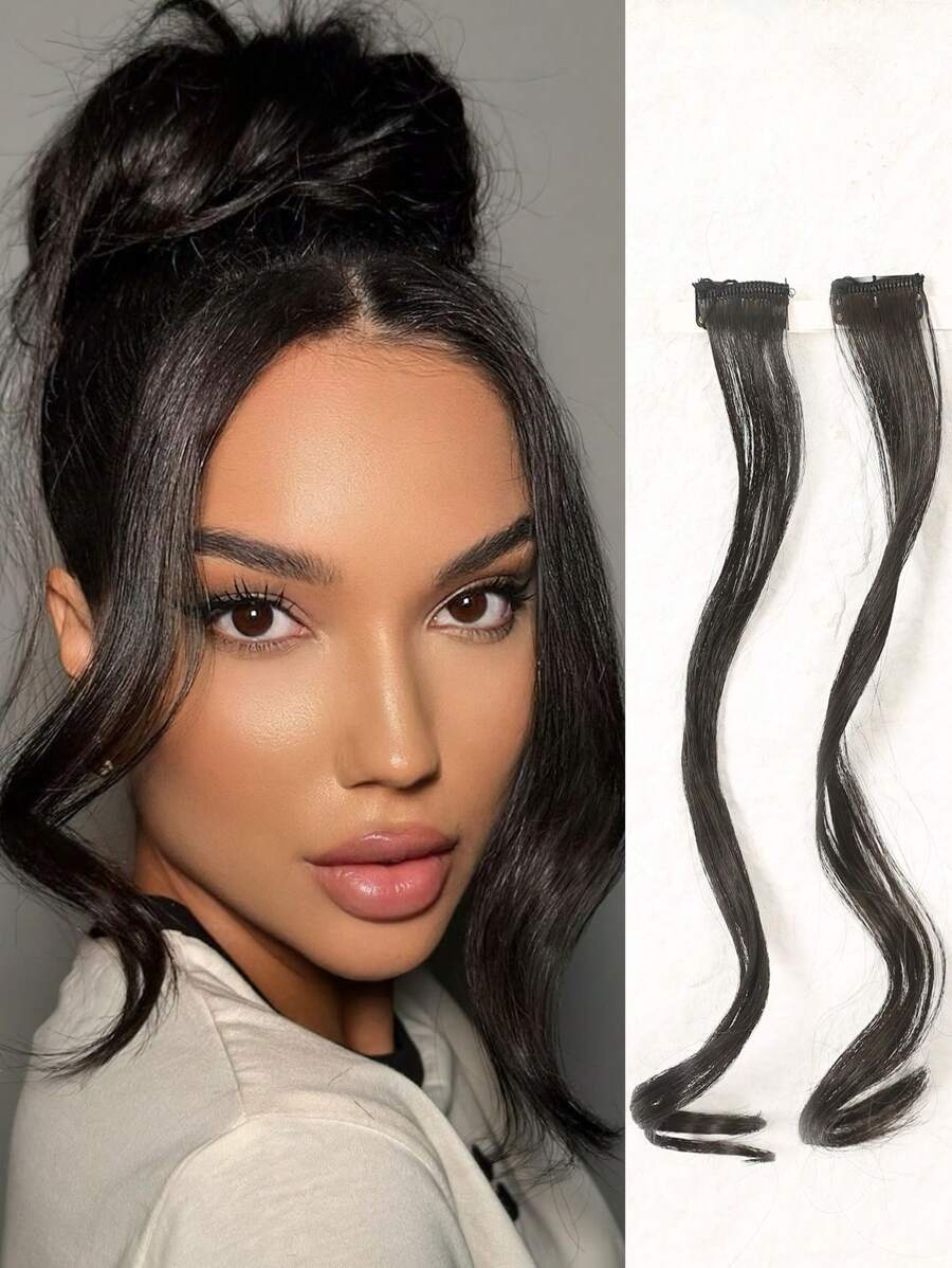 2PCS Synthetic Curly Clip-In Bangs For Women - 14 Inch Long Front Two Side Fringe Hair Extension With Middle Part Fake Fringe - 黑色 - 查看 1