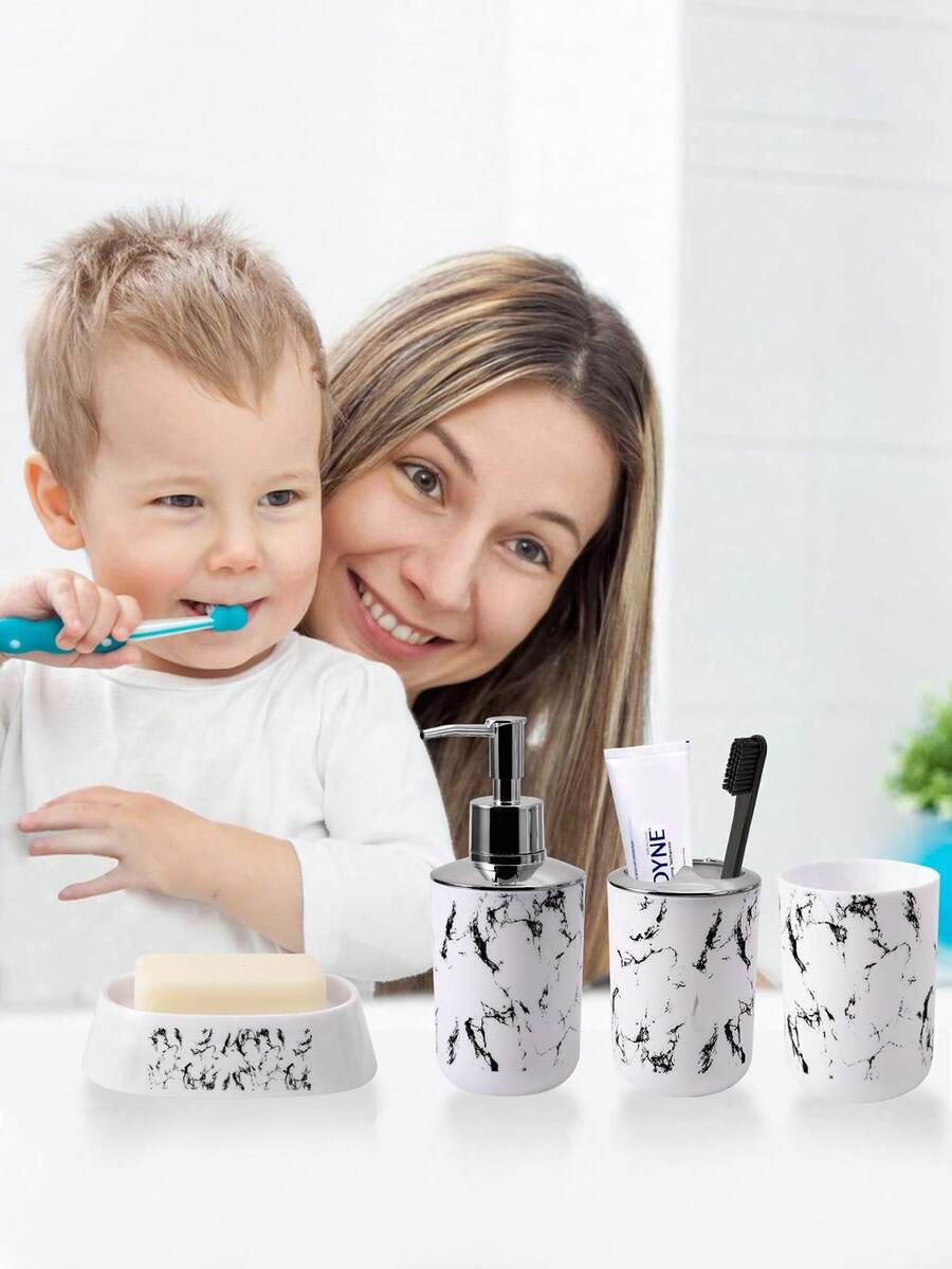 5pcs Marble Pattern Bathroom Accessory Set Including Toothbrush Holder