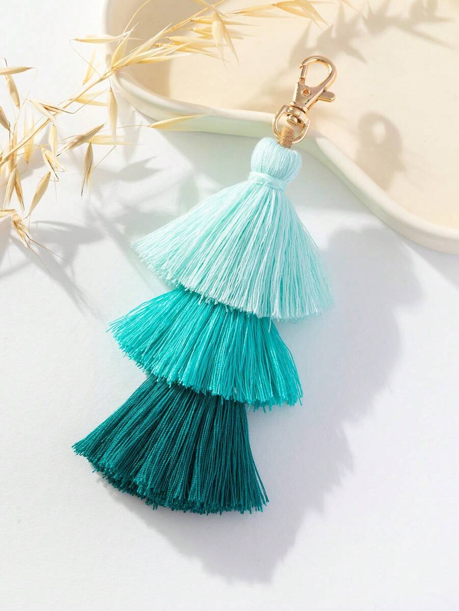Bag Pendant, Vacation Style Bag Accessory, 3 Layers Paddy Rice & Tassel Pendant - Mint Green - View 1
