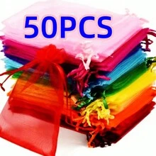 50pcs Colored Organza Gift Bags, Assorted 5 Colors, Gift Packaging Supplies, Drawstring Ribbon Closure Candy Bags, Baking & Jewelry Packaging Gift Bags, Event & Party Supplies Netting Gift Bags, Suitable For Various Events & Parties, Festivals, Celebrations, Outdoor Parties, All Seasons, Can Also Be Used As Insect-Proof Bag For Fruits, Christmas - Multicolor - View 10