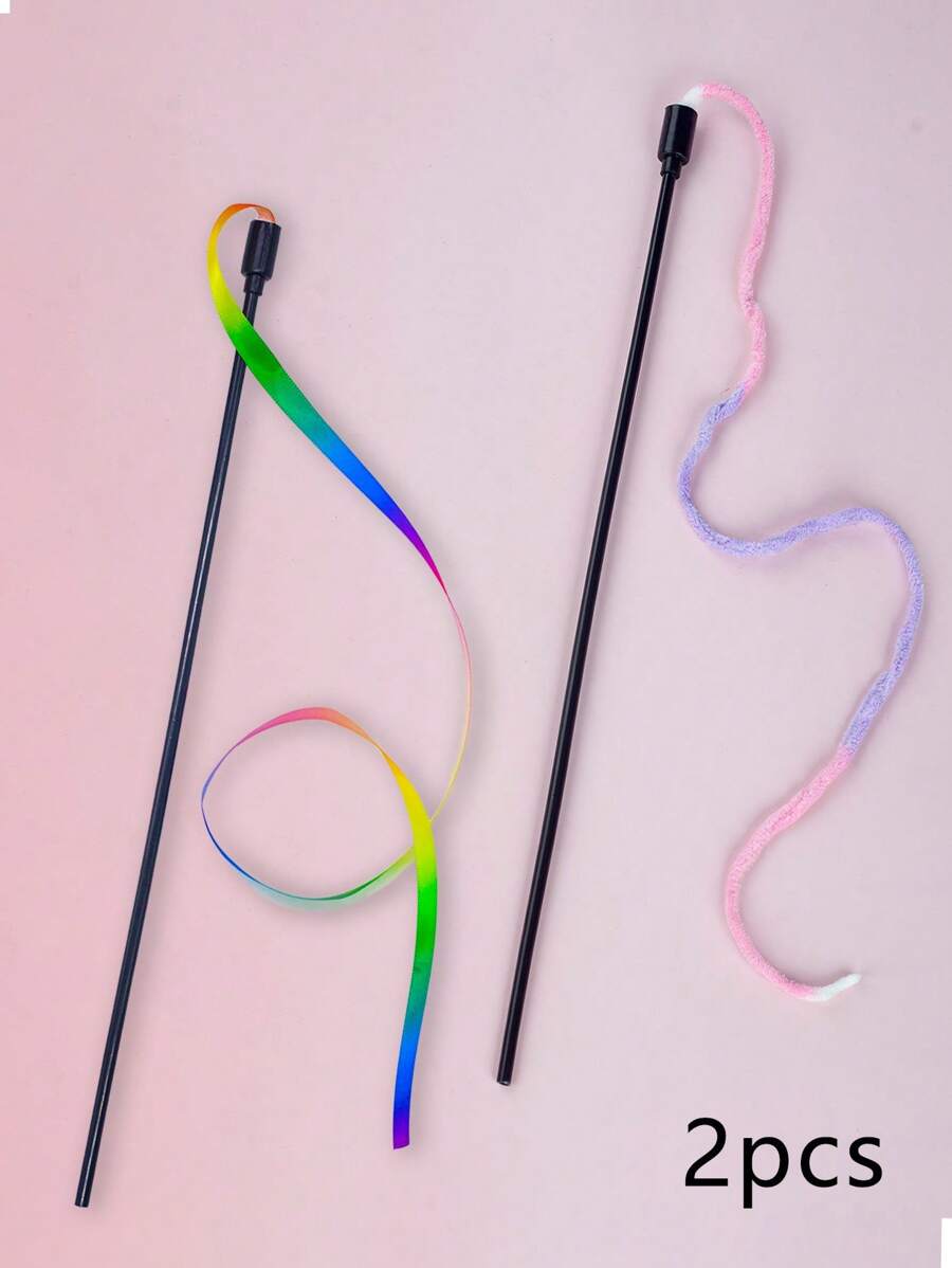 2pcs Playful Cat Wand Toy With Colorful Ribbons For Pet Entertainment