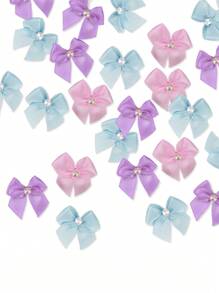 Conjunto de 16 piezas de mini lazos de cinta rosa/morado/azul con apliques de flores de cinta de perla para manualidades DIY, costura, álbum de recortes, bodas, regalos, decoración navideña (1 pulgada, rosa y morado y azul) - Multicolor - Ver 2