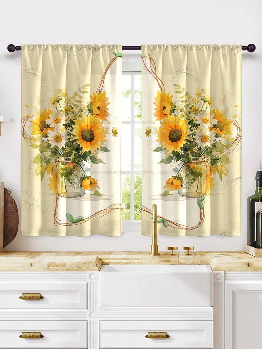 2pcs New Fashion Multi-Color Sunflower Kitchen Curtains - Window Treatment Set, Cafe Panel - Rod Pocket Design, Easy To Install - Perfect For Bedroom, Study, Cafe, And Living Room Decoration - Multicolor - View 1