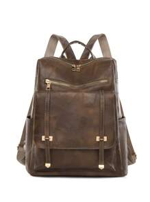 LECEY Large Capacity Brown PU Leather Women Backpack, School Backpack