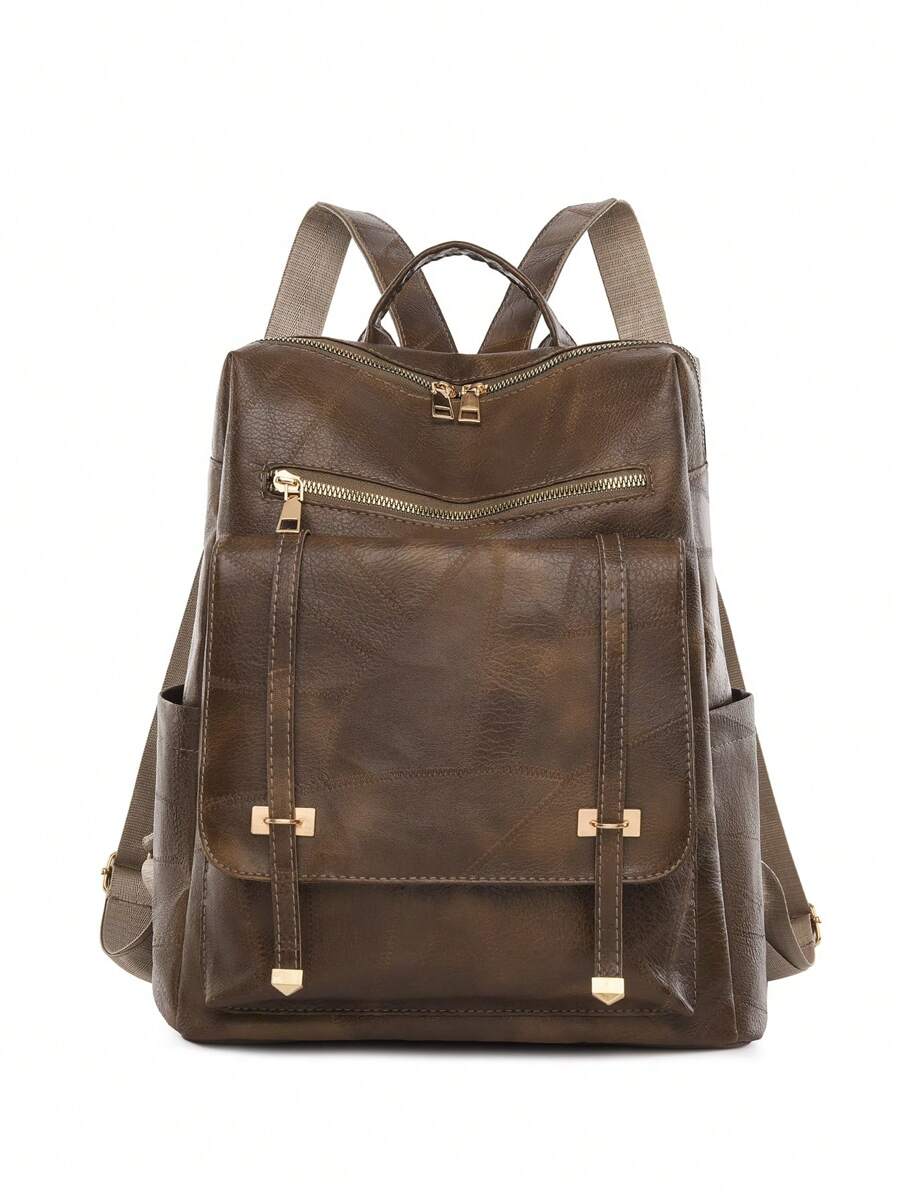 LECEY Large Capacity Brown PU Leather Women Backpack, School Backpack