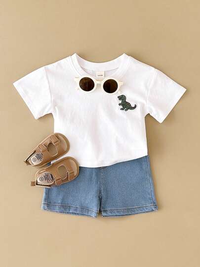 2pcs Baby Boys" And Girls" Casual Dinosaur Embroidery Elastic Short Sleeve T-Shirt + Shorts, Summer