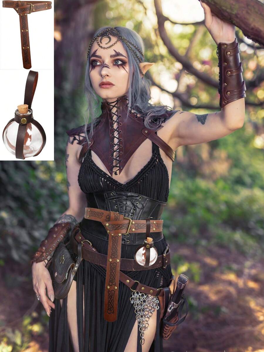 2pcs Ancient Rune Belt With Glass Magic Bottle, Role-Playing Props And Accessories, Medieval Wizard Stage Costume Accessories - Brown - View 1