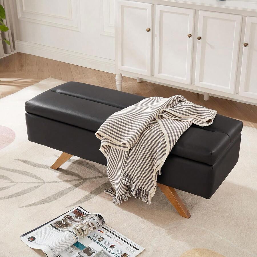End Of Bed Storage Ottoman Bench,Faux Leather Tufted Upholstered Bedroom Bench,Ottoman Bench With Wood Legs - Black - View 1