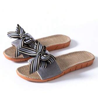 亞麻蝴蝶結女式室內家居拖鞋