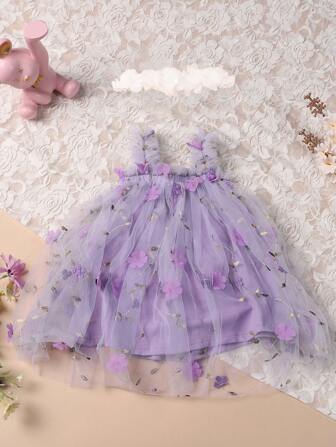Vestido princesa para niña joven con tirantes bordados de flores, vestido de tul con mangas abultadas y con banda de flores a juego para la cabeza