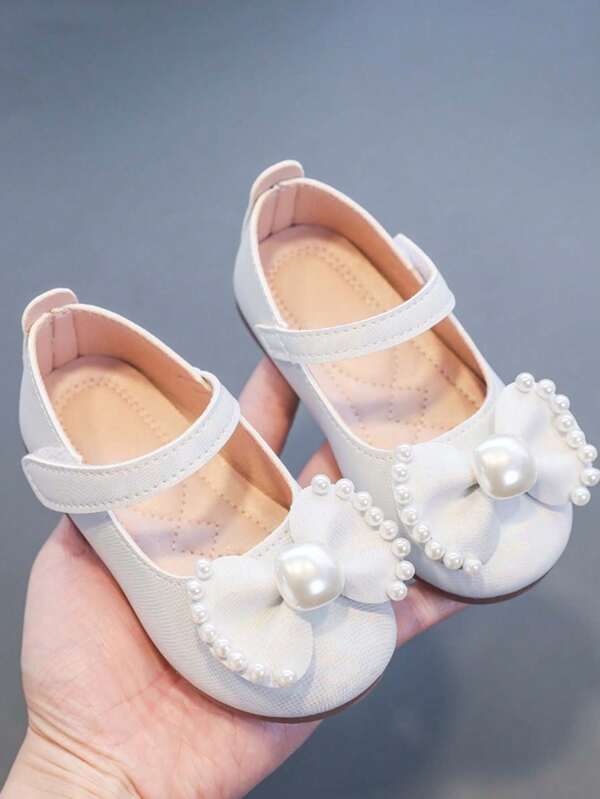Girls' Princess Flats With Soft Sole, Flats, New Style In Spring And Summer, Pearl & Bowknot Decoration, Kids' Leather Flats
